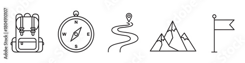 A set of minimalist line art icons representing hiking and outdoor adventure, including a backpack, compass, route, mountains, and a destination flag