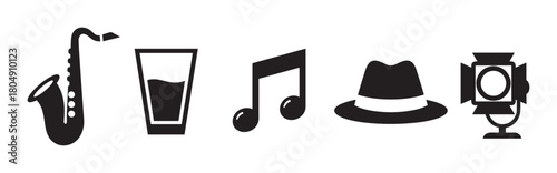 A set of black silhouette icons representing jazz music and classic entertainment, including a saxophone, drink, musical note, fedora hat, and a vintage spotlight