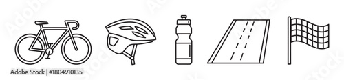 A minimalist icon collection depicting bicycle racing essentials with a road bike, safety helmet, hydration bottle, a stretch of road, and a finish line flag in a simple linear style