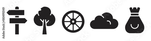A collection of black silhouette icons for graphic design, featuring a signpost, tree, wagon wheel, cloud, and a money bag, representing travel, nature, and adventure