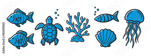 A charming set of blue and black hand-drawn sea life illustrations, featuring a turtle, fish, jellyfish, coral, and a seashell, all in a playful and simple doodle cartoon style