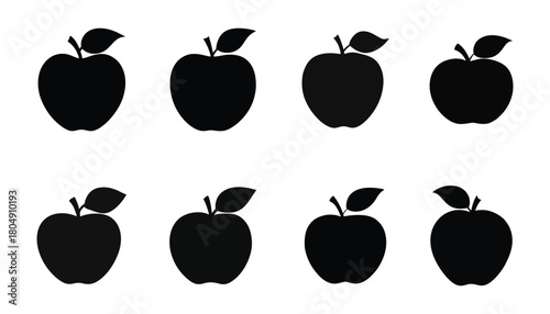 Collection of simple black apple icons with leaves, perfect for design vector illustration on white background