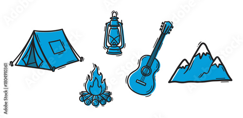 Hand-drawn collection of blue camping icons, including a tent, bonfire, acoustic guitar, kerosene lamp, and snowy mountain peaks, in a simple sketch style