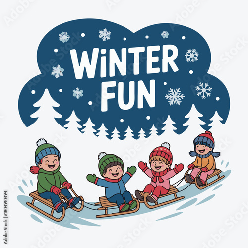 Group of Happy Kids Sledding on Snow with Winter Fun Text Banner, Colorful Cartoon Vector Illustration of Children Playing Outdoors