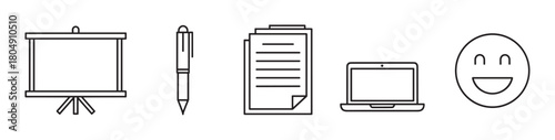 Minimalist collection of business and education icons featuring a presentation screen, writing pen, paper documents, a portable computer, and a smiling emoticon for feedback