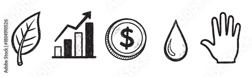 Hand-drawn collection of black doodle icons representing sustainability, including a leaf for nature, a growth chart, a dollar coin, a water drop, and a hand for social values