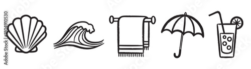 A set of hand-drawn summer vacation icons including a seashell, ocean wave, beach towel, umbrella, and a refreshing drink, rendered in a simple black line art doodle style