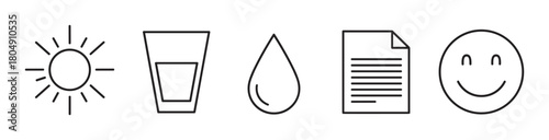 Collection of simple vector pictograms for a healthy lifestyle, featuring a sun, drinking glass, water drop, checklist, and a smiling emoji in a clean, linear art style