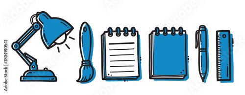 A collection of blue and black hand-drawn office and school supplies, including a desk lamp, paintbrush, notebooks, pen, and ruler, presented in a simple doodle style illustration