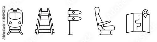 A set of minimalist line icons representing rail travel and transportation, including a train, railway tracks, a directional signpost, a passenger seat, and a route map with a pin