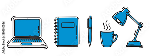Hand-drawn illustration set of office and study essentials including a laptop, spiral notebook, pen, steaming hot drink, and an adjustable desk lamp in a simple doodle style