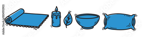 Collection of wellness and comfort items illustrated in a simple blue doodle style, featuring a rolled mat, a burning candle, a leaf, a bowl, and a pillow