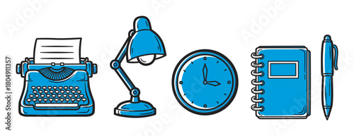 A collection of retro office equipment and stationery items, including a typewriter, desk lamp, clock, notebook, and pen, illustrated in a simple blue and black graphic style