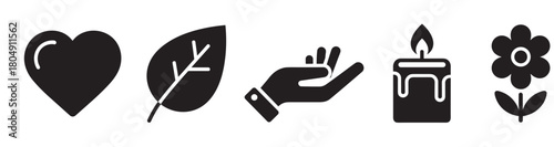 A set of five black solid icons representing love, nature, care, peace, and wellness, including a heart, leaf, open hand, lit candle, and a simple flower in a minimalist style