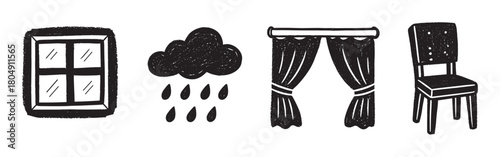 A charming collection of monochrome home and weather icons, including a window, raining cloud, drapes, and a chair, illustrated with a rough, hand-drawn texture