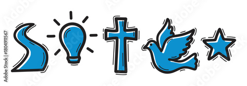 A collection of blue hand-drawn Christian symbols including a path, lightbulb, cross, dove, and star, illustrated in a simple doodle style for faith-based concepts