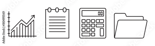 A set of four business and finance icons including a growth chart, notepad, calculator, and file folder, all rendered in a simple black and white line art style