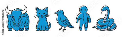 A charming set of blue cartoon characters including a bull, cat, bird, a cracked golem, and a snake, all drawn in a simple, cute, and playful doodle style illustration
