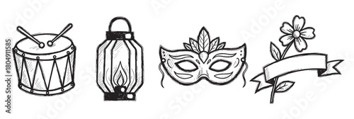 A set of four monochrome celebration symbols with a drum, burning lantern, ornate carnival mask, and a blank banner with a flower, illustrated in a rough, hand-drawn sketch style