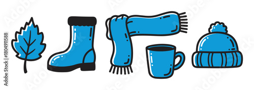 Set of cozy autumn and winter season essentials with a leaf, rubber boot, warm scarf, hot drink mug, and knitted beanie hat illustrated in a bold blue and black graphic style