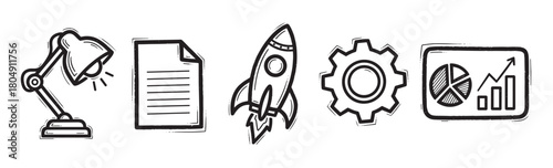 A set of hand-drawn business icons in a minimalist doodle style, featuring a lamp, document, rocket, gear, and chart for startup, development, and analytics concepts