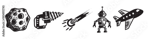 A collection of hand-drawn monochrome icons in a rough, sketchy style, featuring a retro robot, asteroid, power drill, futuristic ray gun, and a passenger airplane