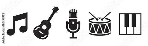 Minimalist black silhouette icons representing music and sound, featuring a note, acoustic guitar, vintage microphone, snare drum, and piano keys in a simple graphic set