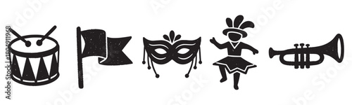 Festive collection of hand-drawn carnival symbols with a distressed texture, featuring a parade drum, waving flag, ornate mask, costumed dancer, and a brass trumpet
