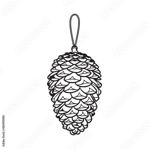 A simple black and white illustration of a pine cone hanging from string