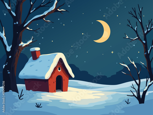 Christmas birdhouse covered in snow at night vector illustration