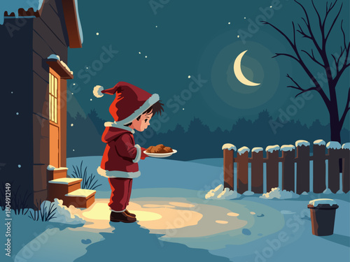Child leaving cookies for Santa at Christmas vector illustration