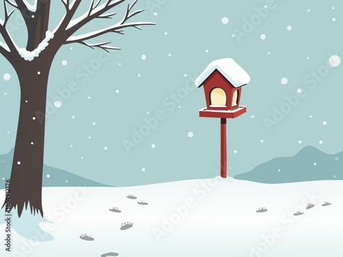 Vector illustration of a simple snow-covered bird feeder on a peaceful Christmas morning