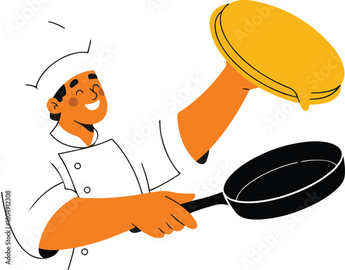 Chef Flipping Pancake Cartoon Illustration With Frying Pan and Wearing Professional Cook Hat in a Restaurant or Kitchen Setting