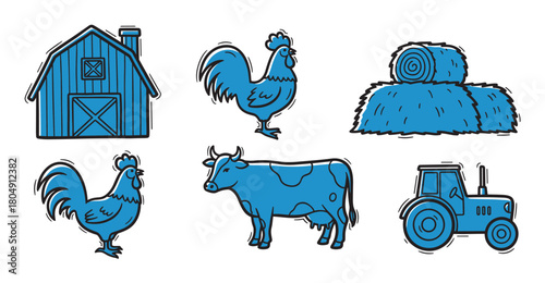 A charming set of blue farm-themed illustrations including a barn, roosters, a cow, a tractor, and hay bales in a simple, hand-drawn doodle style with black outlines