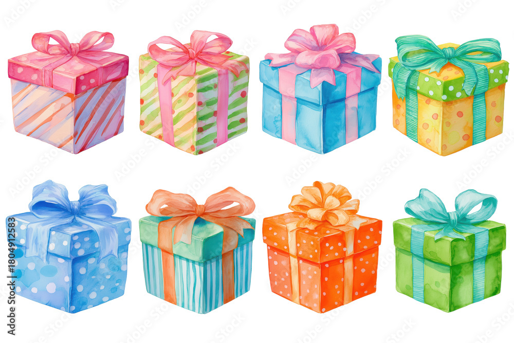 Fototapeta premium Festive patterned gift boxes hand drawn watercolor set