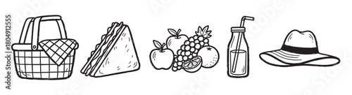 A set of hand-drawn picnic essentials including a basket, sandwich, fresh fruit, a drink in a bottle, and a sun hat, all depicted in a simple black and white doodle style