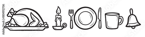 A hand-drawn set of festive dinner icons including a roasted turkey, candle, plate, cutlery, mug, and bell, rendered in a simple black and white sketch illustration style
