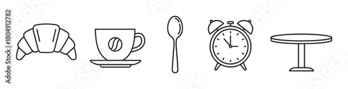 A set of black and white line art icons depicting a croissant, coffee cup, spoon, alarm clock, and table for a morning breakfast concept
