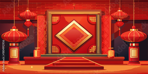 Traditional Chinese red lanterns decorating the ancient temple architecture in Asia, hanging from the roof and framing the entrance gate