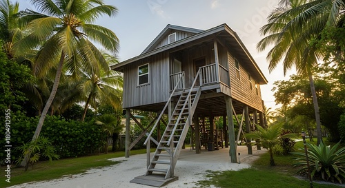 Tropical Stilt House Surrounded by Lush Palm Trees at Sunset.