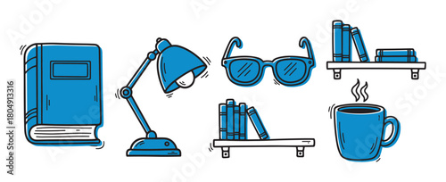 A collection of blue and black doodle icons for reading and studying, including a book, desk lamp, eyeglasses, bookshelves, and a hot coffee mug in a simple hand-drawn style