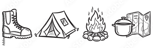 Hand-drawn set of black and white icons for camping and hiking, featuring a boot, tent, campfire, cooking pot, and a map in a simple doodle sketch style