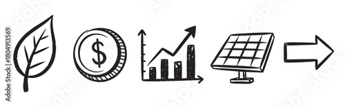 A conceptual hand-drawn illustration showing the financial growth from green energy investment, with icons of a leaf, coin, rising chart, and solar panel in a sequential process
