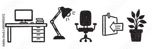A charming set of hand-drawn office icons with a rough texture, featuring a computer desk, desk lamp, swivel chair, exit symbol, and a small potted plant
