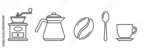 Minimalist outline icons representing the coffee brewing process, featuring a manual grinder, kettle, roasted bean, spoon, and a cup with a saucer in a linear graphic collection
