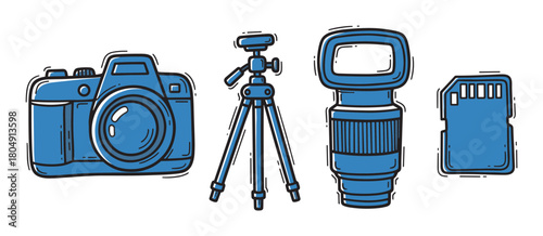 A hand-drawn illustration set of professional photography equipment including a digital camera, tripod, external flash, and a memory card in a simple blue and black doodle style