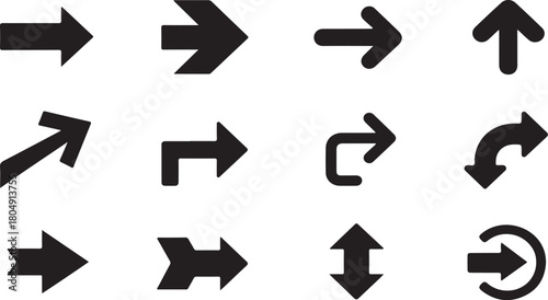 Collection of diverse black directional arrows on white symbol navigation