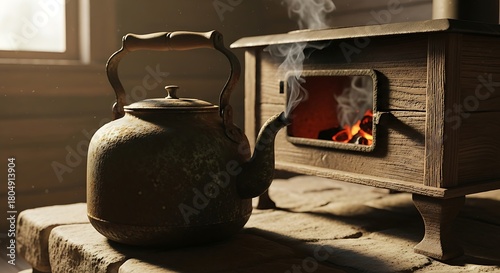 Vintage Kettle Heating on a Rustic Wood Stove with Steam Rising.
