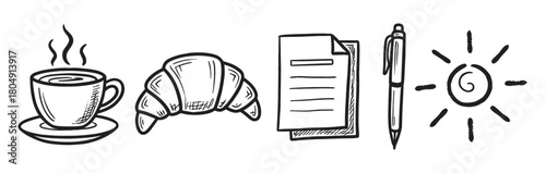 A set of hand-drawn black and white icons representing a morning routine with a steaming coffee cup, a croissant, a notepad, a pen, and a simple sun doodle