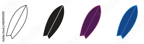 Summer surfboard icon set, Surfer for water sport. Summer beach activity, surfing on sea waves sport  for water sport activity. Vector illustration.